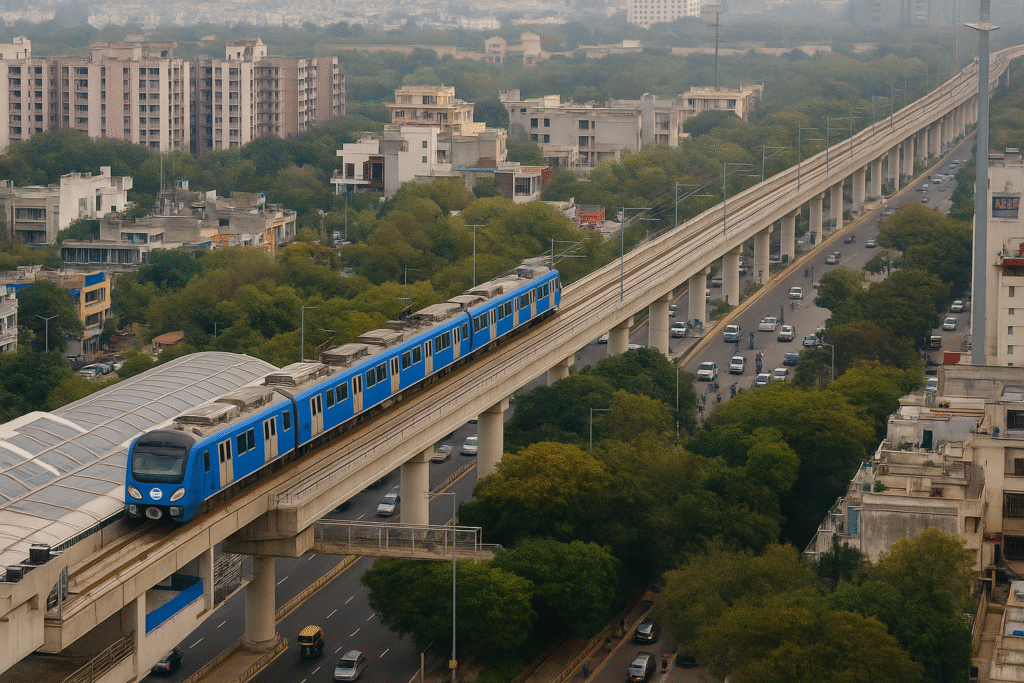 Elevated Noida Metro line with train and pillars – conceptual illustration for Sector-142 extension article