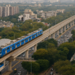 Elevated Noida Metro line with train and pillars – conceptual illustration for Sector-142 extension article