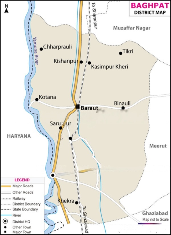 Map showing Baghpat district’s location within NCR and proximity to Delhi via NH-709B