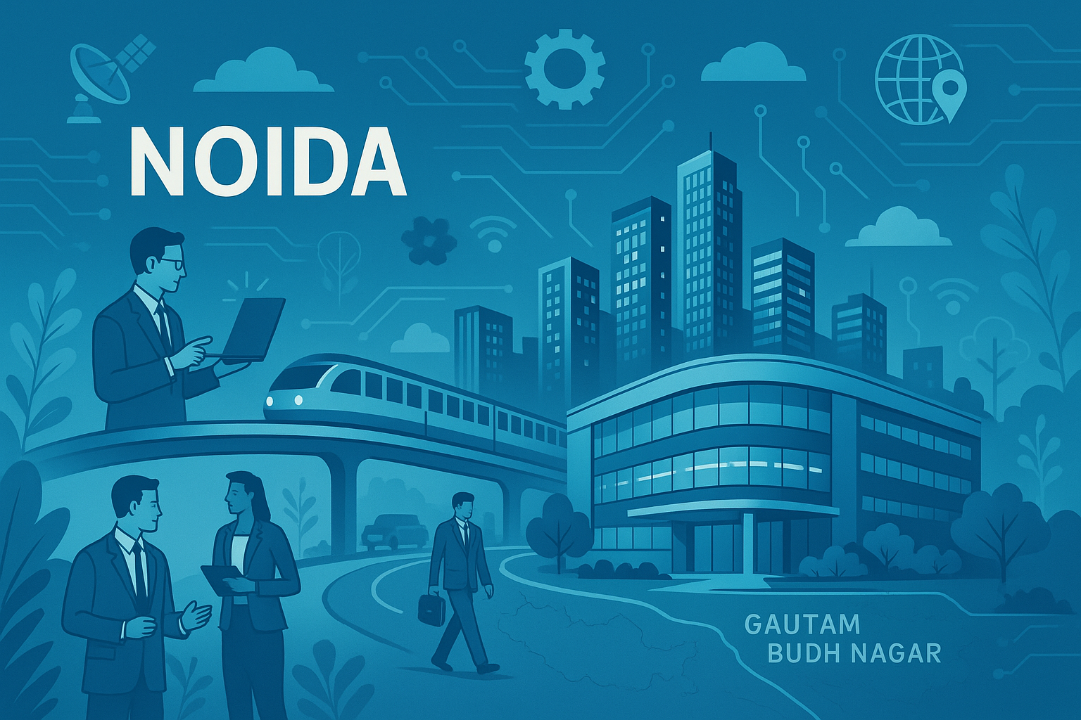 Semiconductor fabrication cleanroom blended with digital network graphics, symbolizing Noida’s rise as a hub for Global Capability Centres and high-tech industries