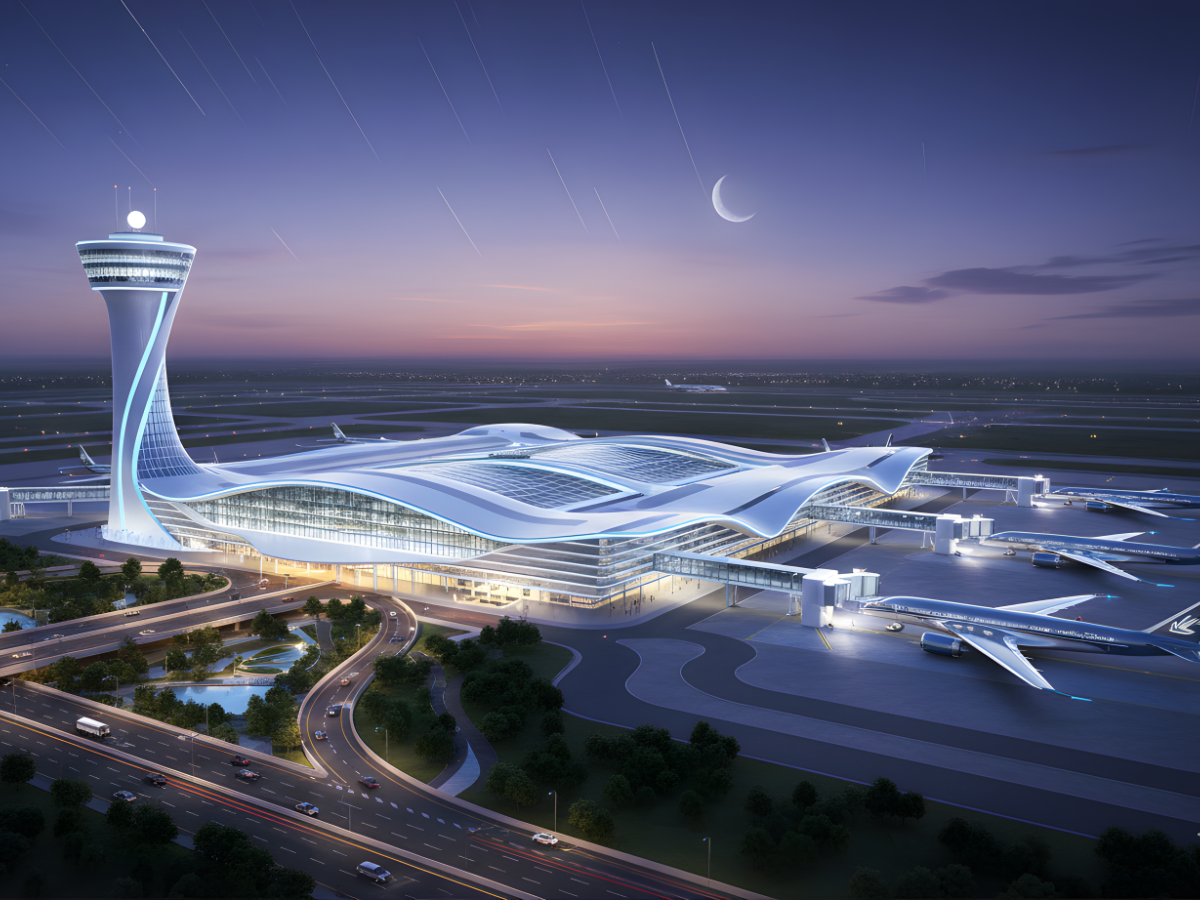 Concept illustration of upcoming Noida International Airport terminal near Jewar.