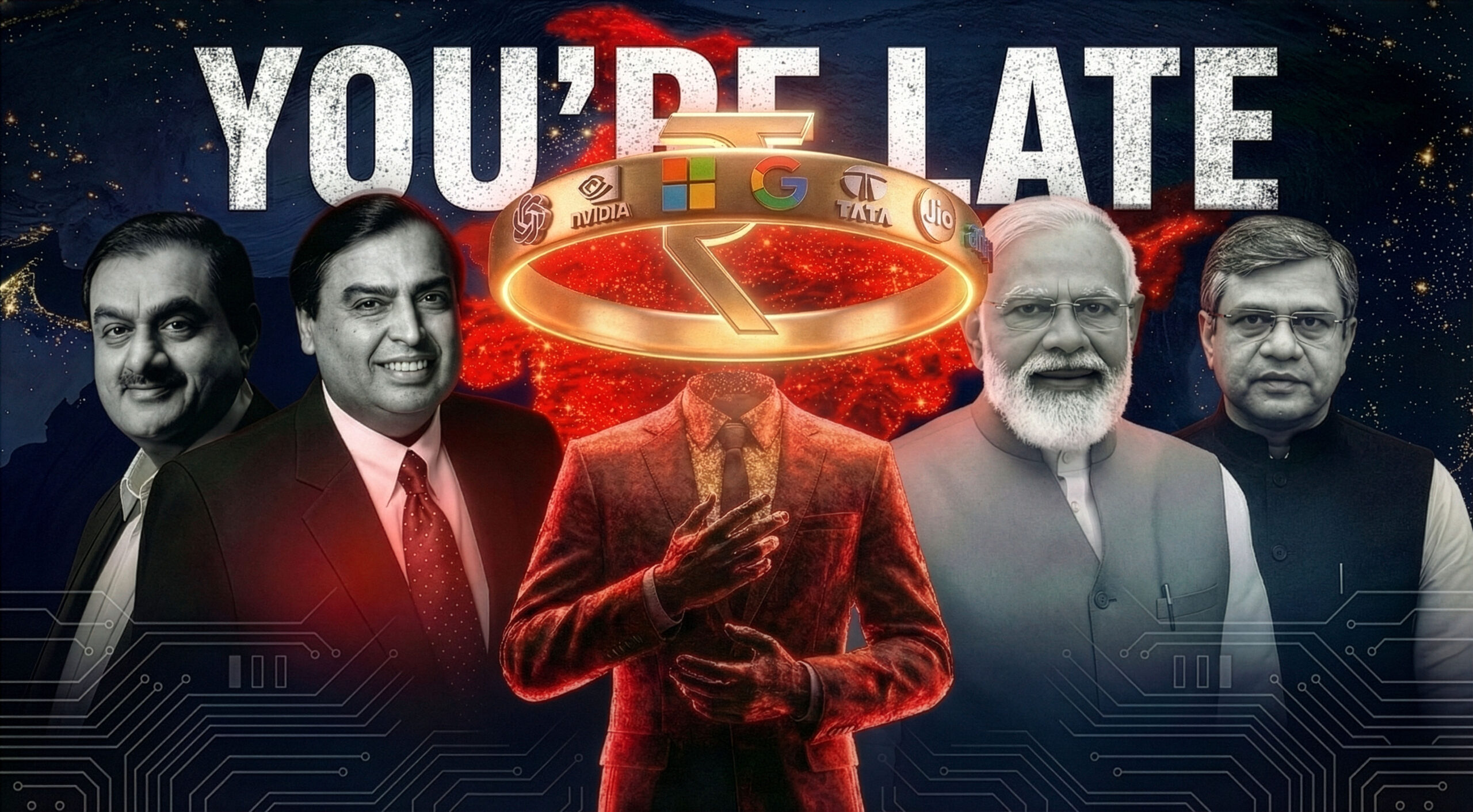 Illustration of the AI land rush in India featuring the Rupee symbol and tech giants like Tata and OpenAI over a map of India - VaEdifice 2036 Prediction.