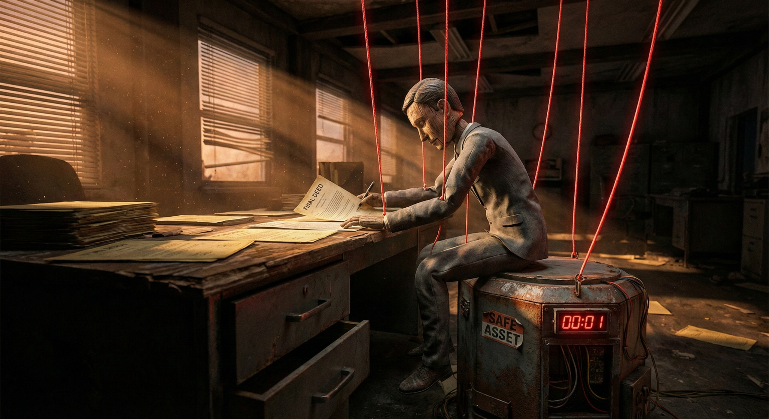 Illustration of a marionette puppet signing a property deed while sitting on a ticking time bomb, symbolizing the risks of rushing due diligence.