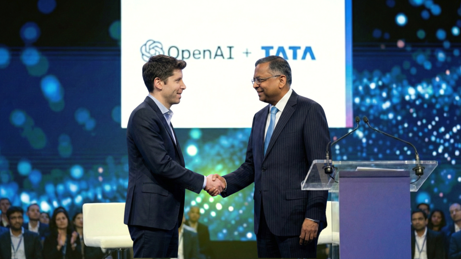 Sam Altman of OpenAI and N. Chandrasekaran of Tata Sons shaking hands - Signaling the India AI infrastructure boom.
