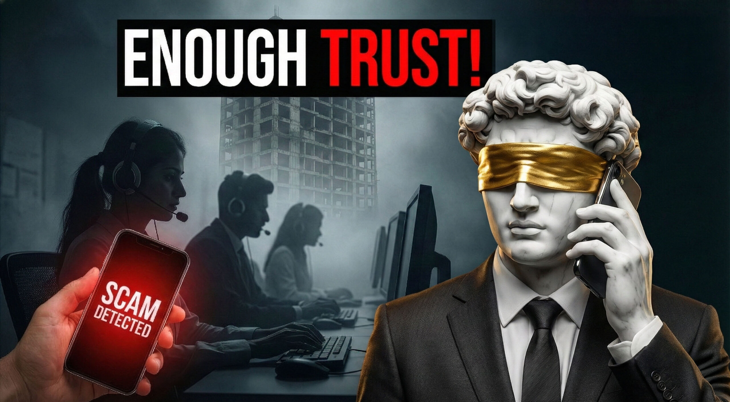 Surreal marble statue of a businessman wearing a gold blindfold, representing the danger of blind trust in Indian real estate deals.