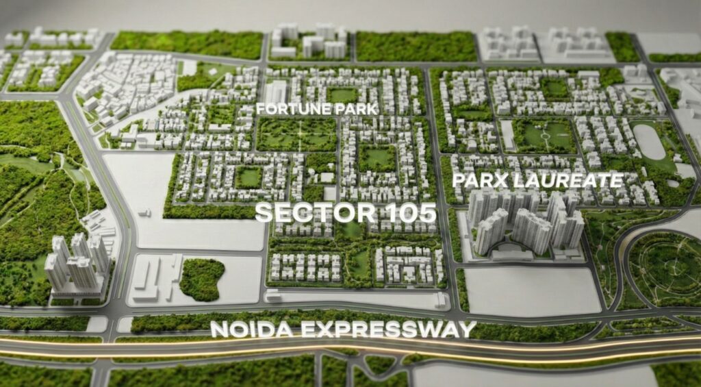 Premium 3D isometric masterplan map of Sector 105 Noida, highlighting the low-density residential plot layout, Fortune Park, Parx Laureate, and direct access to the Noida-Greater Noida Expressway.