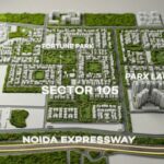 Premium 3D isometric masterplan map of Sector 105 Noida, highlighting the low-density residential plot layout, Fortune Park, Parx Laureate, and direct access to the Noida-Greater Noida Expressway.
