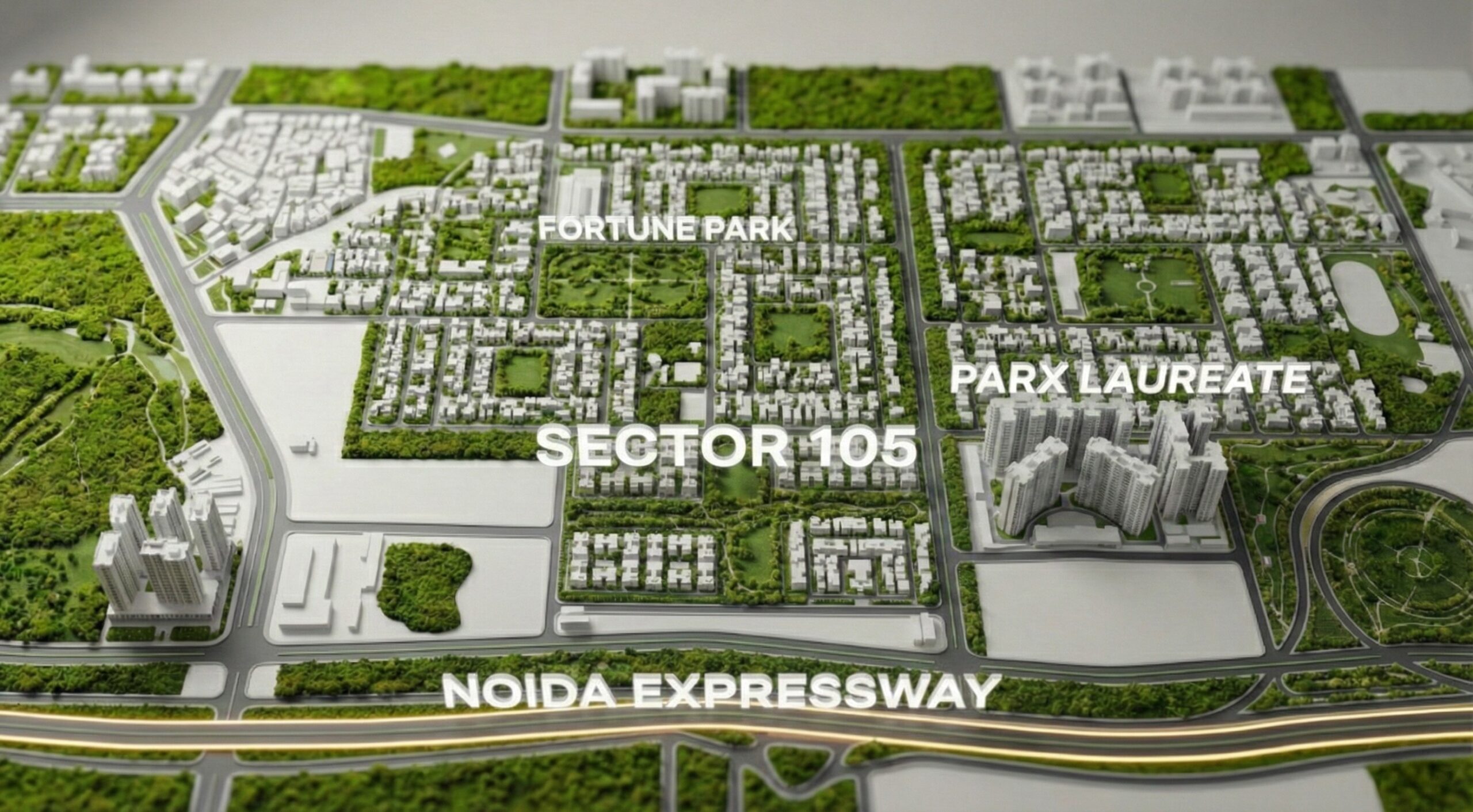 Premium 3D isometric masterplan map of Sector 105 Noida, highlighting the low-density residential plot layout, Fortune Park, Parx Laureate, and direct access to the Noida-Greater Noida Expressway.
