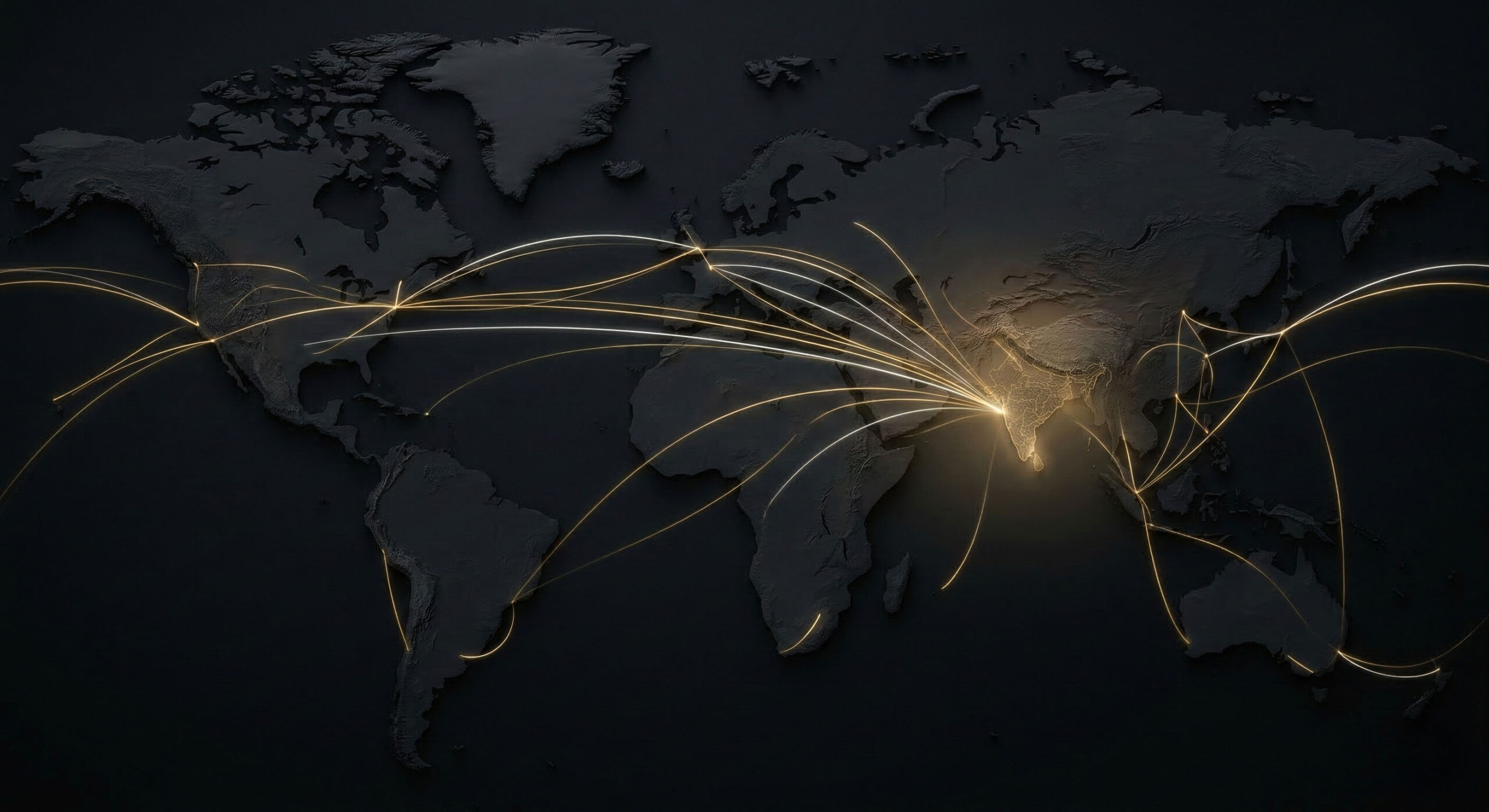 Premium global finance visualization representing institutional capital flowing into Indian real estate and land assets.