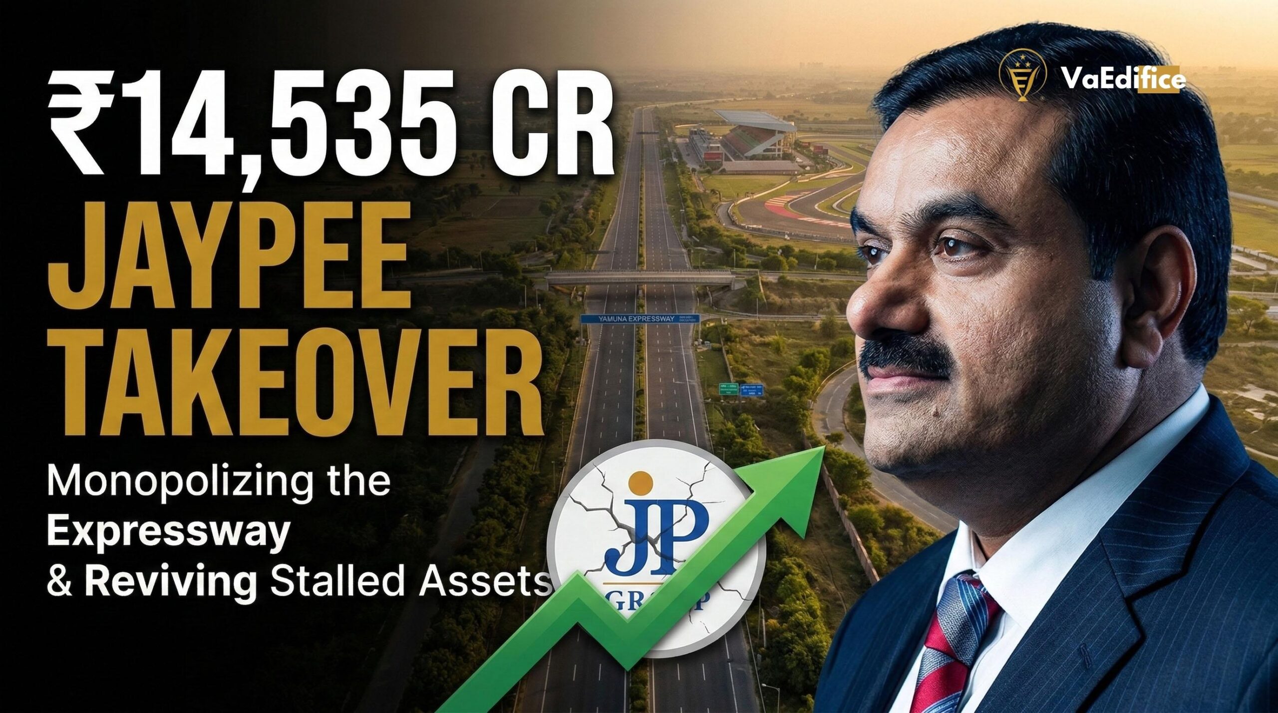 Editorial graphic thumbnail illustrating Gautam Adani’s acquisition of Jaiprakash Associates, featuring the Yamuna Expressway and Sports City background.
