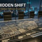 Architectural blueprint of Indian industrial corridors on a boardroom table, representing India as the global fallback economy for institutional capital.