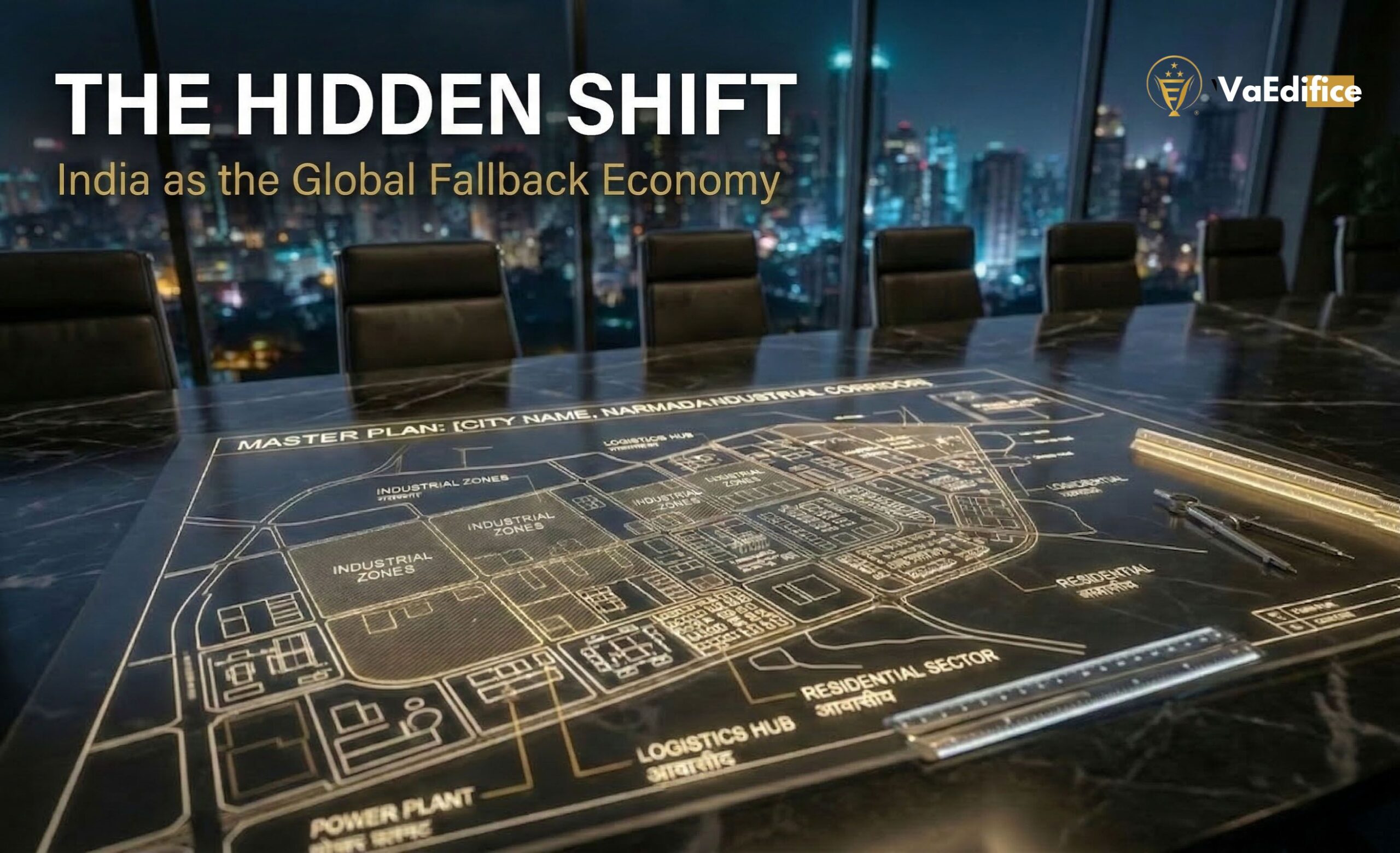 Architectural blueprint of Indian industrial corridors on a boardroom table, representing India as the global fallback economy for institutional capital.