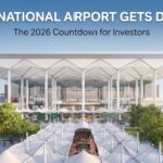 Noida International Airport terminal rendering with DGCA license approval announcement for YEIDA real estate investors.