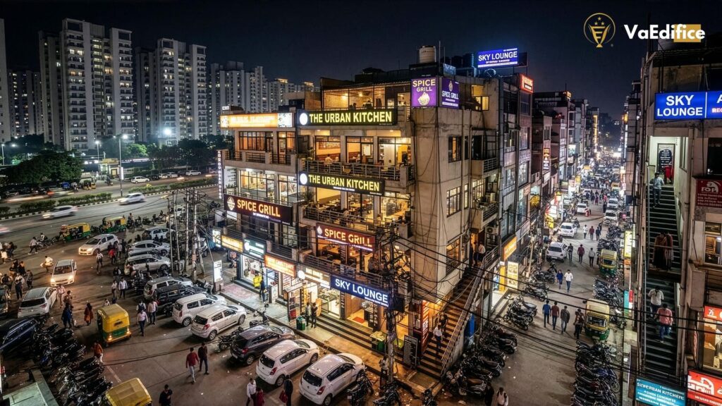 4K photograph of a crowded, narrow street in Hajipur, Sector 104, Noida, lined with multi-story cafés and restaurants operating in abadi lands without fire safety compliance.
