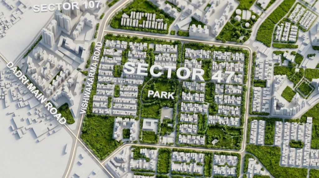 3D architectural aerial map showing the Sector 47 Noida layout, Dadri Main Road, and central green parks.