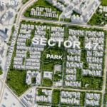 3D architectural aerial map showing the Sector 47 Noida layout, Dadri Main Road, and central green parks.