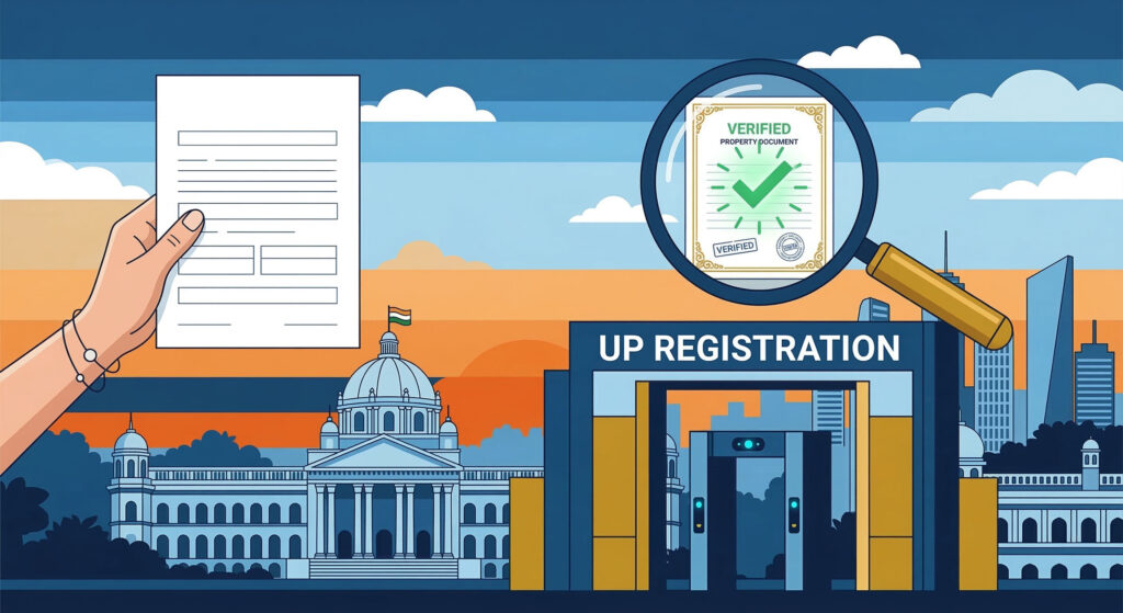 A premium 2D vector illustration showing a magnifying glass verifying a property document as it passes through the UP Registration gateway.