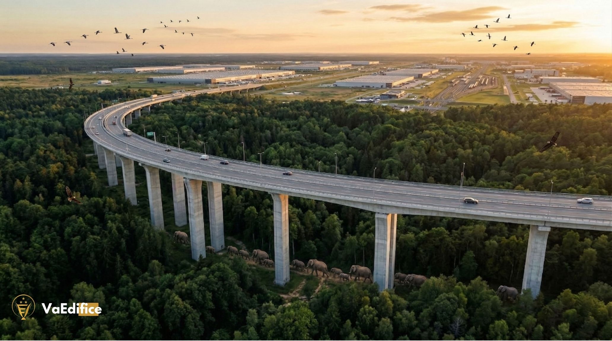 Aerial view of the massive elevated Delhi-Dehradun Expressway and wildlife corridor cutting through natural terrain.