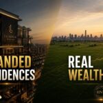 A visual comparison between a luxury branded residence high-rise and an independent freehold plot showing appreciating real wealth.