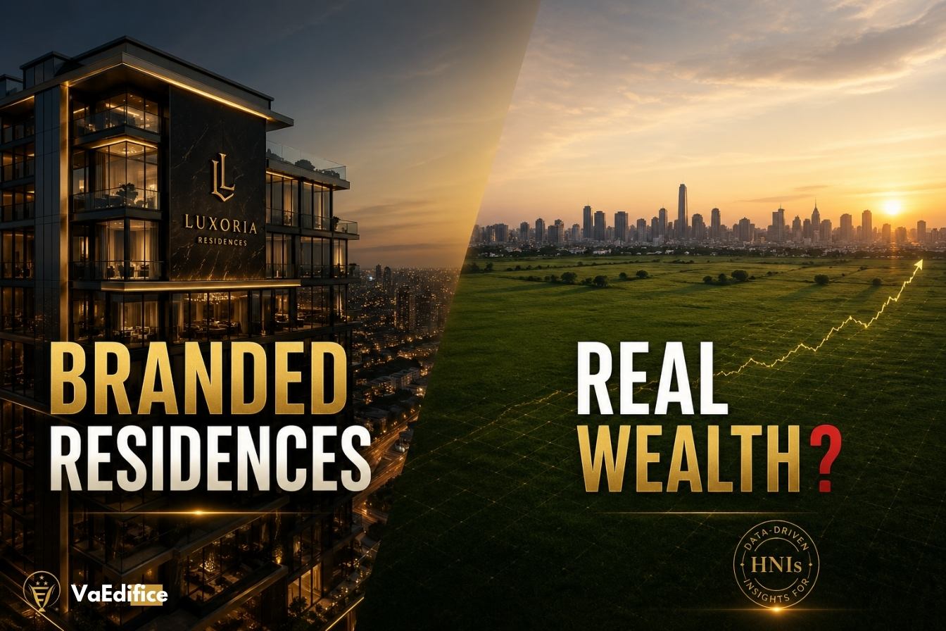 A visual comparison between a luxury branded residence high-rise and an independent freehold plot showing appreciating real wealth.