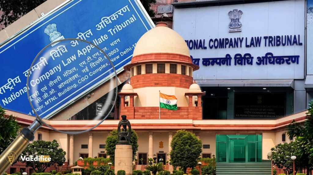 A magnifying glass over a high-definition NCLAT sign declaring project-specific insolvency, next to the Supreme Court and NCLT.
