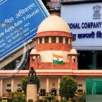 A magnifying glass over a high-definition NCLAT sign declaring project-specific insolvency, next to the Supreme Court and NCLT.