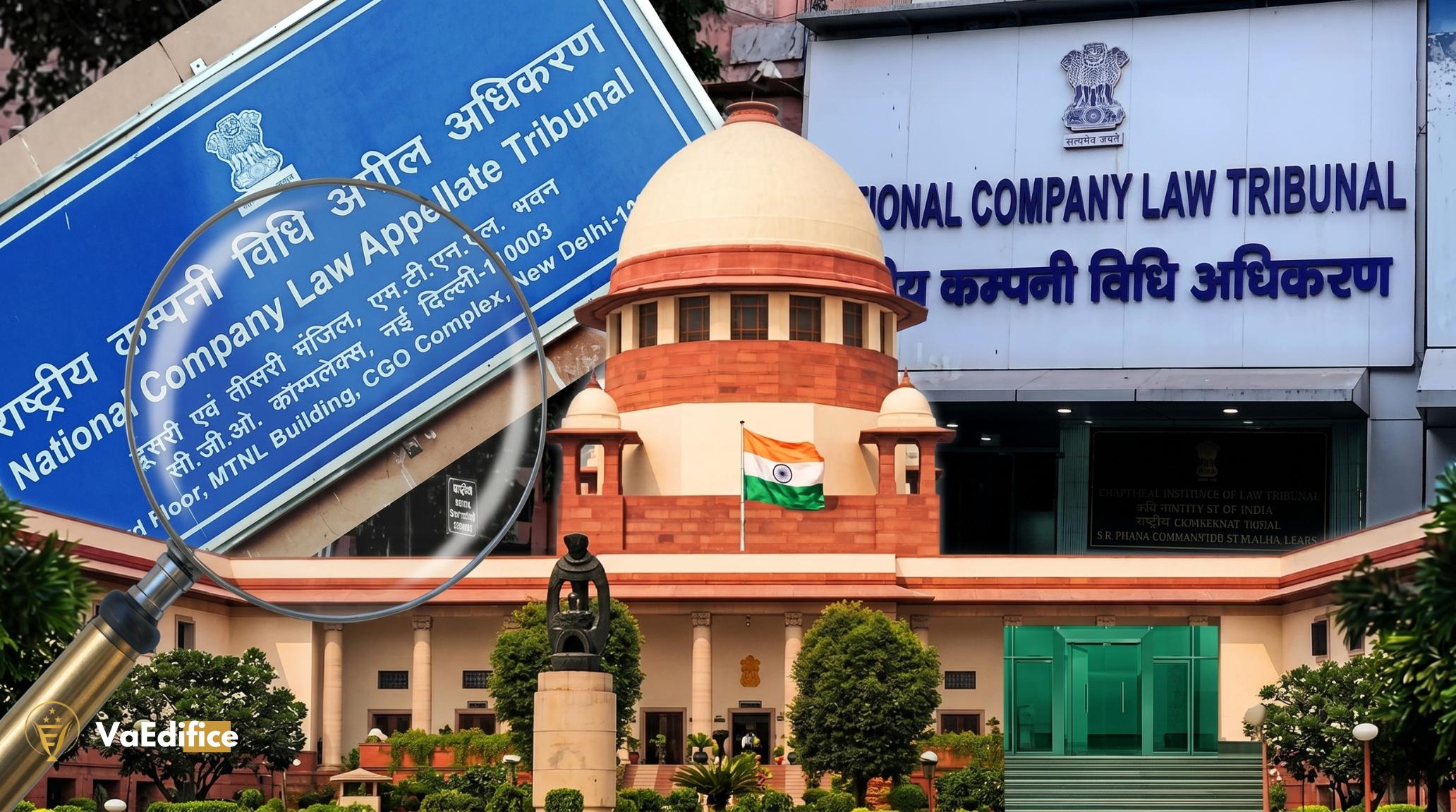 A magnifying glass over a high-definition NCLAT sign declaring project-specific insolvency, next to the Supreme Court and NCLT.
