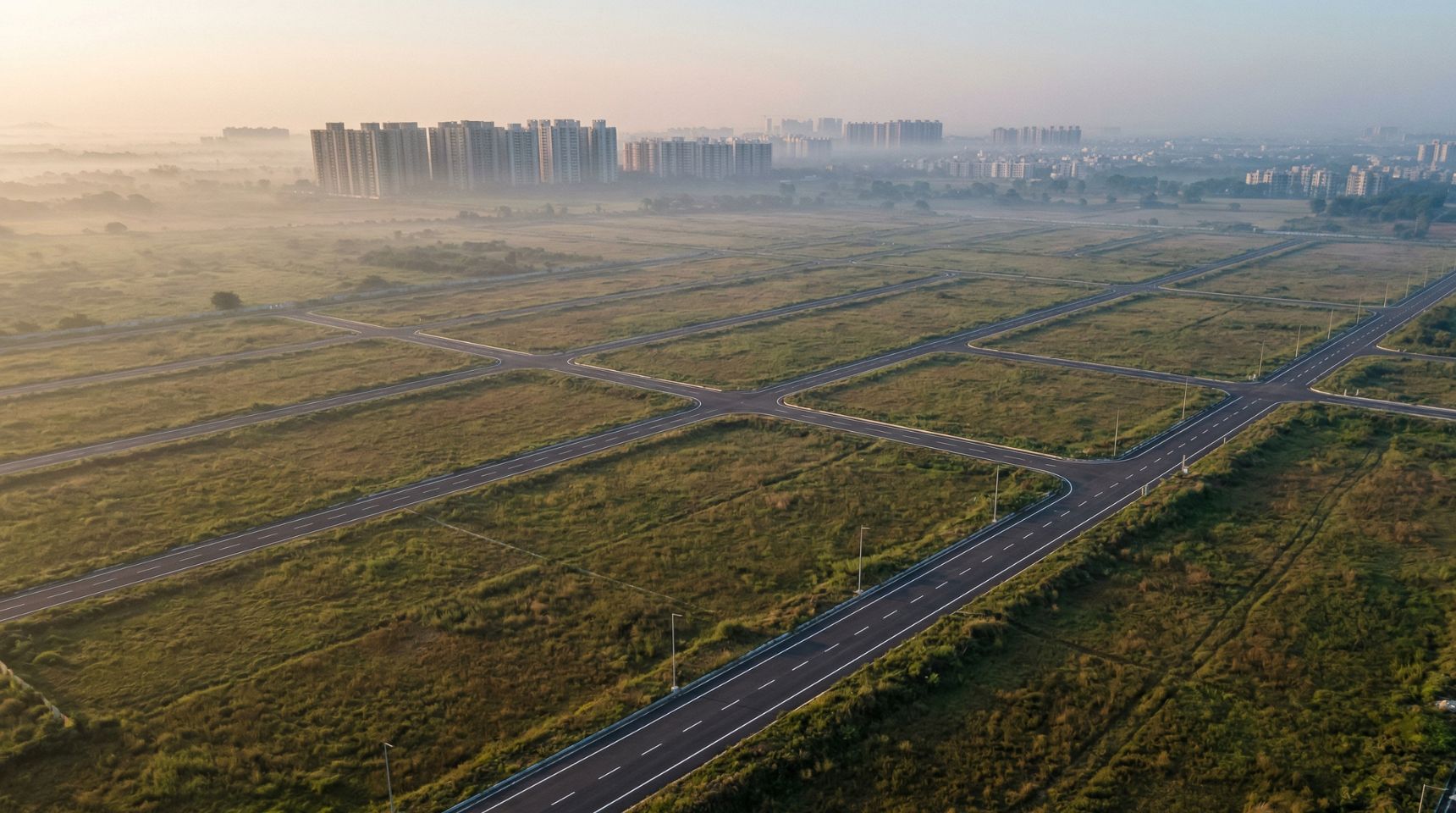 Minimalist aerial view of premium master-planned residential plots contrasting with distant high-rise apartments.