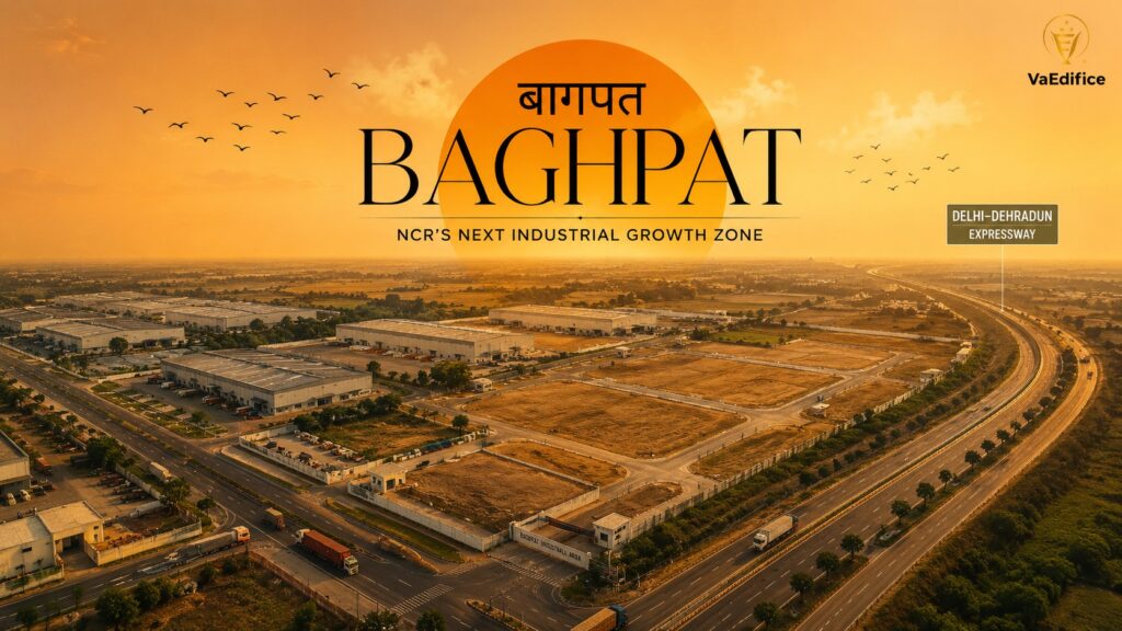 Aerial view of the Baghpat Industrial Area showing freehold plots directly adjacent to the newly constructed Delhi-Dehradun Expressway.
