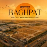 Aerial view of the Baghpat Industrial Area showing freehold plots directly adjacent to the newly constructed Delhi-Dehradun Expressway.