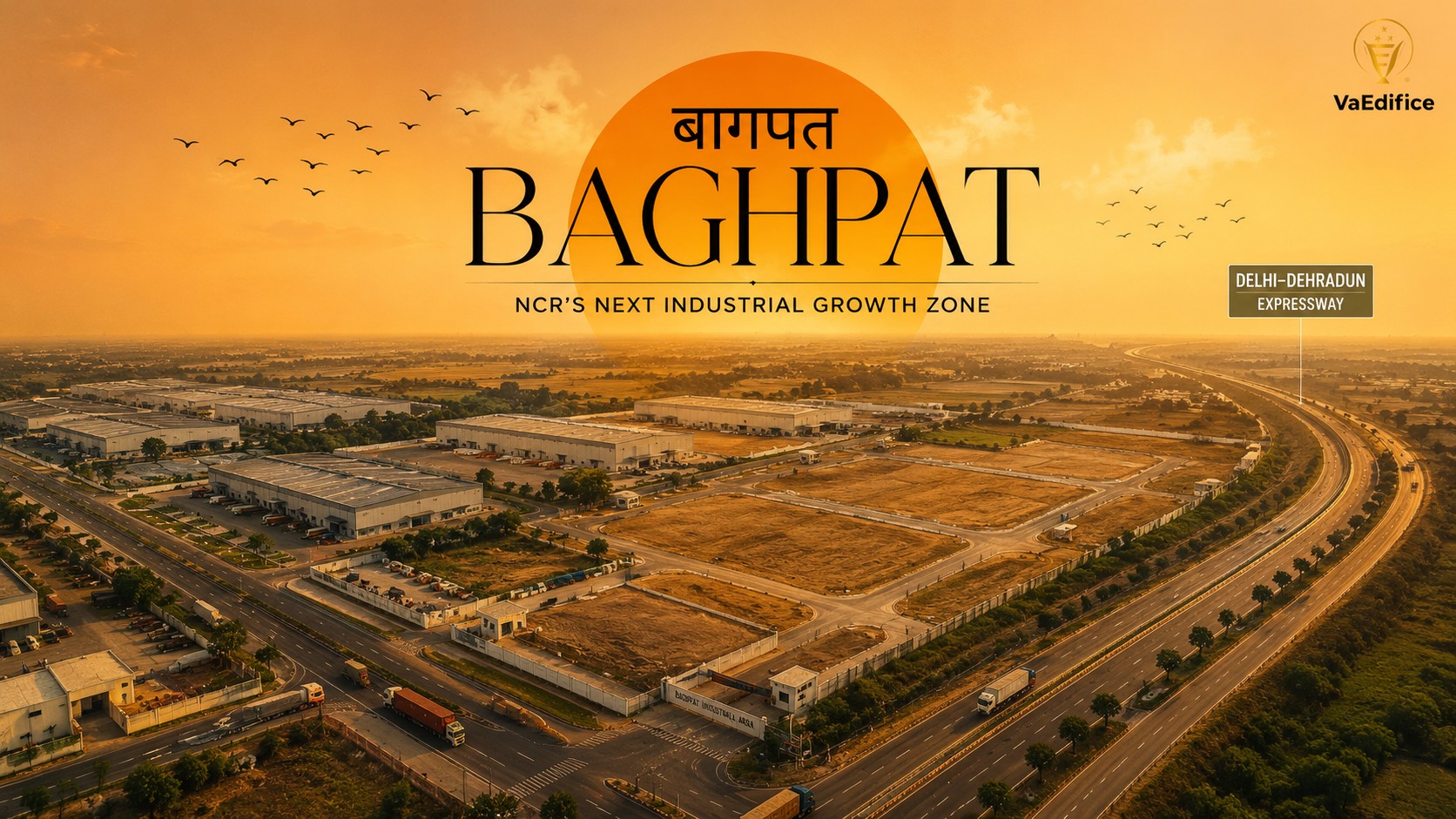 Aerial view of the Baghpat Industrial Area showing freehold plots directly adjacent to the newly constructed Delhi-Dehradun Expressway.