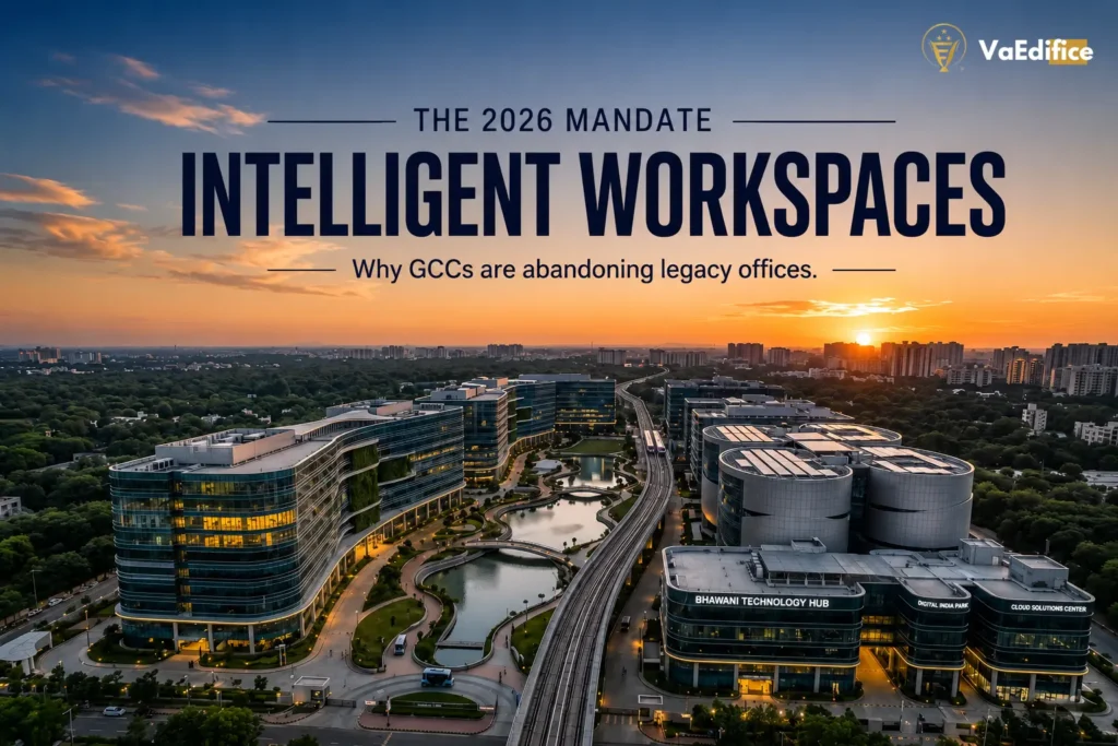Architectural rendering of a LEED-certified, IoT-enabled intelligent commercial real estate campus in India, highlighting the shift toward Grade-A+ ecosystems for GCCs.