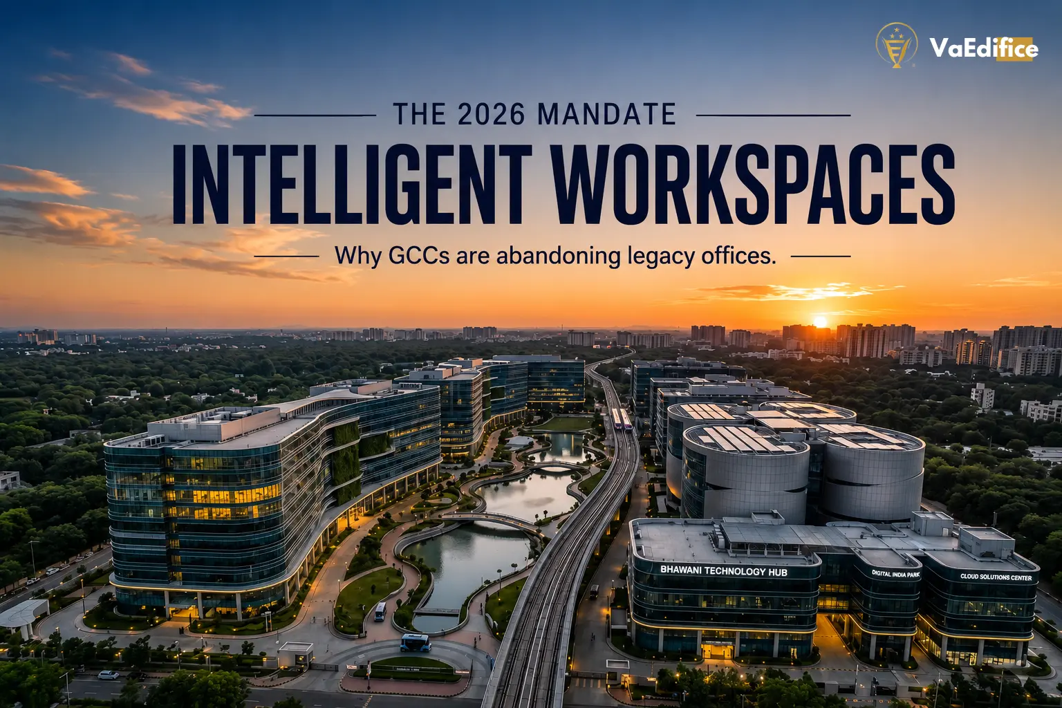 Architectural rendering of a LEED-certified, IoT-enabled intelligent commercial real estate campus in India, highlighting the shift toward Grade-A+ ecosystems for GCCs.