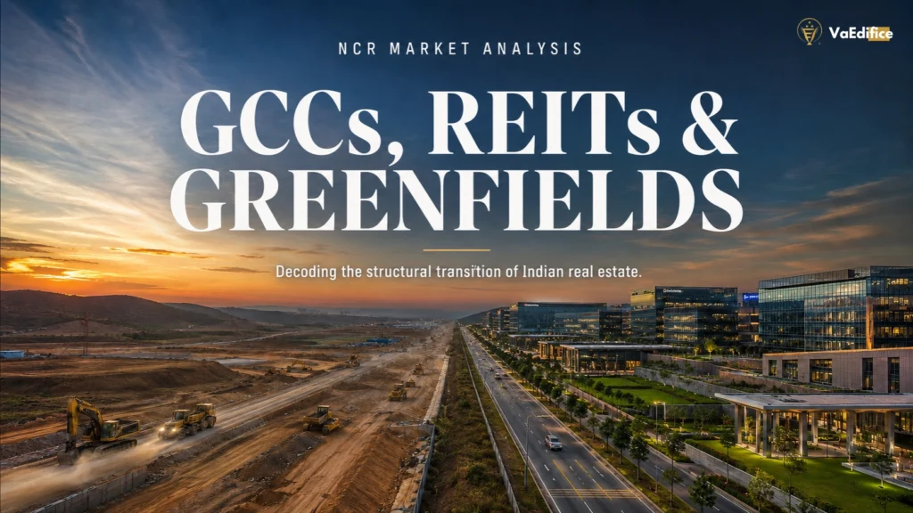 Split screen visualization showing raw greenfield infrastructure versus a fully operational GCC commercial tech park, illustrating the shift to REITs and institutional cash flow.