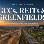 Split screen visualization showing raw greenfield infrastructure versus a fully operational GCC commercial tech park, illustrating the shift to REITs and institutional cash flow.