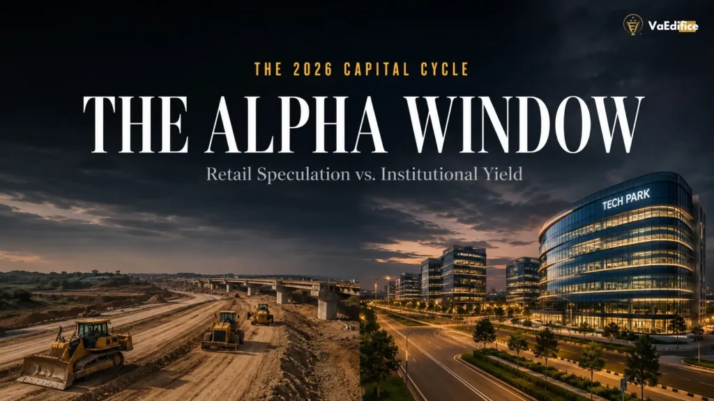 Split screen visualization showing raw greenfield infrastructure versus a fully operational Grade-A commercial tech park, illustrating the institutional real estate alpha window in India.