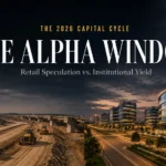 Split screen visualization showing raw greenfield infrastructure versus a fully operational Grade-A commercial tech park, illustrating the institutional real estate alpha window in India.