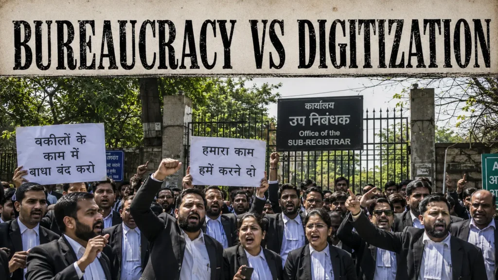 Noida property e-registry protest by local advocates and lawyers striking against online registration rules