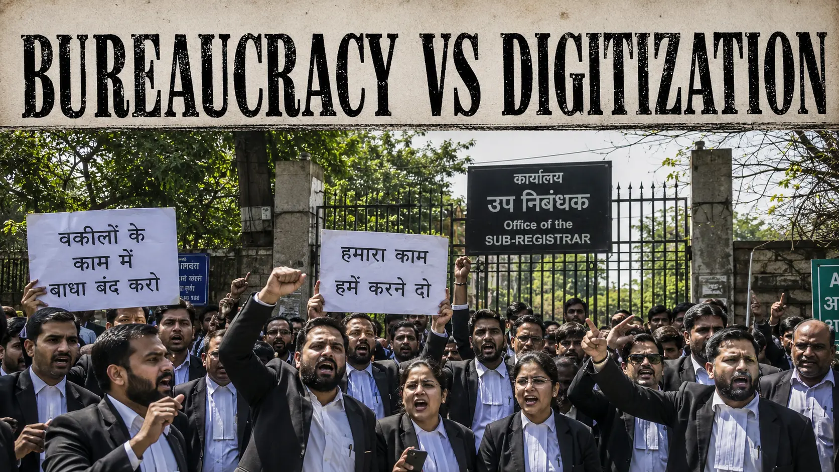Noida property e-registry protest by local advocates and lawyers striking against online registration rules