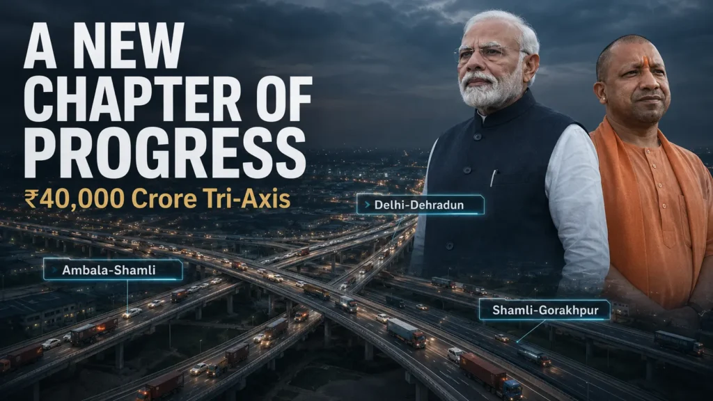 Editorial graphic highlighting a new chapter of progress for the Shamli-Gorakhpur Expressway and Delhi-Dehradun axis, featuring Prime Minister Narendra Modi, Chief Minister Yogi Adityanath, and heavy freight logistics in Baghpat.