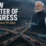 Editorial graphic highlighting a new chapter of progress for the Shamli-Gorakhpur Expressway and Delhi-Dehradun axis, featuring Prime Minister Narendra Modi, Chief Minister Yogi Adityanath, and heavy freight logistics in Baghpat.