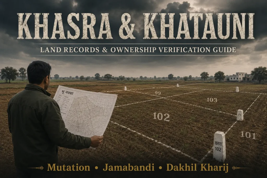Magnifying glass verifying physical Khasra map boundaries against official Khatauni, Jamabandi, and Dakhil Kharij land records.