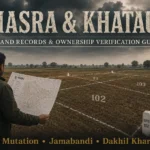 Magnifying glass verifying physical Khasra map boundaries against official Khatauni, Jamabandi, and Dakhil Kharij land records.