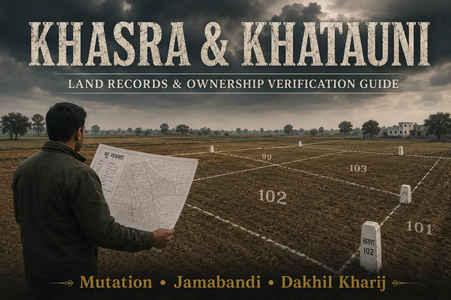Magnifying glass verifying physical Khasra map boundaries against official Khatauni, Jamabandi, and Dakhil Kharij land records.