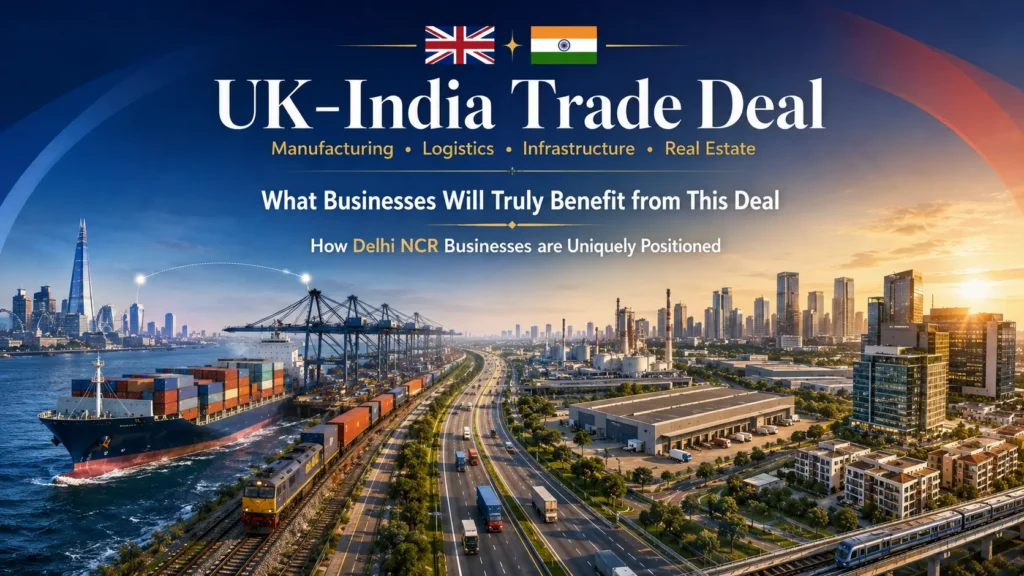 Editorial illustration depicting the UK–India Trade Deal driving manufacturing growth, logistics expansion, infrastructure development, and real estate opportunities across Delhi NCR.