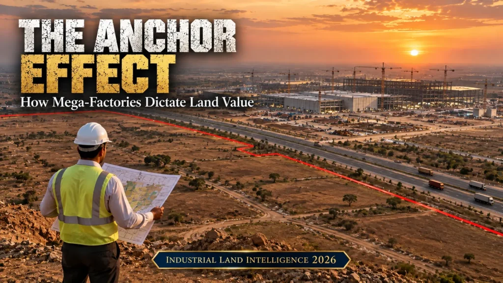 An institutional investor reviewing a master plan map overlooking raw plotted land, with a massive mega-factory under construction in the background, illustrating how manufacturing capex drives industrial real estate value.