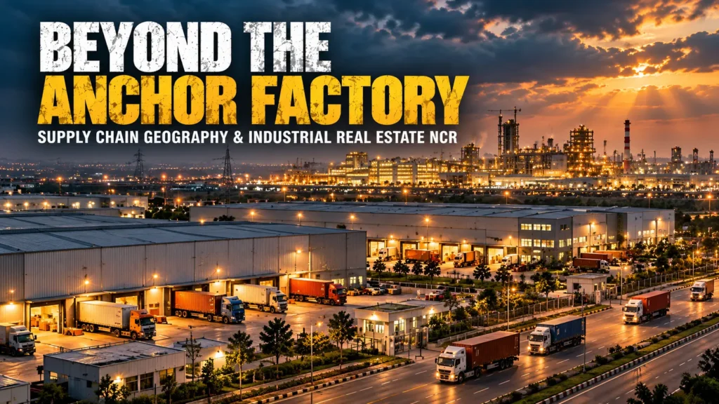 Aerial view of a mega manufacturing plant and logistics warehouses at dusk, illustrating supply chain geography and industrial real estate NCR.