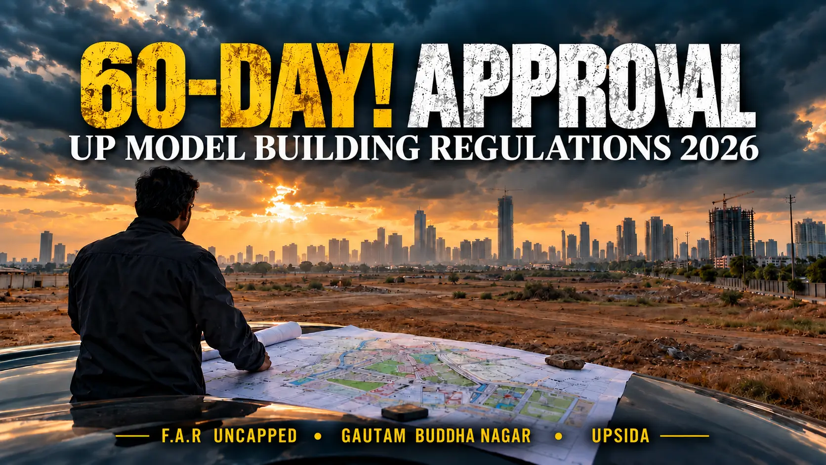 High-rise construction along a 45-meter road in Noida, representing the uncapped FAR and 60-day map approval rules under the UP Model Building Regulations 2026.